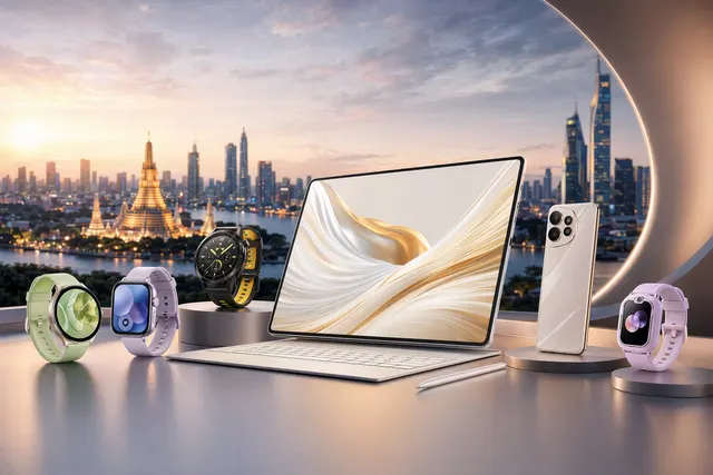 Editorial illustration of Huawei’s Bangkok launch lineup led by the MatePad Pro Max tablet