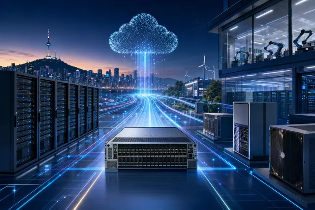 Editorial illustration of ASUS cloud-to-edge AI infrastructure, including data-center servers and industrial edge computing