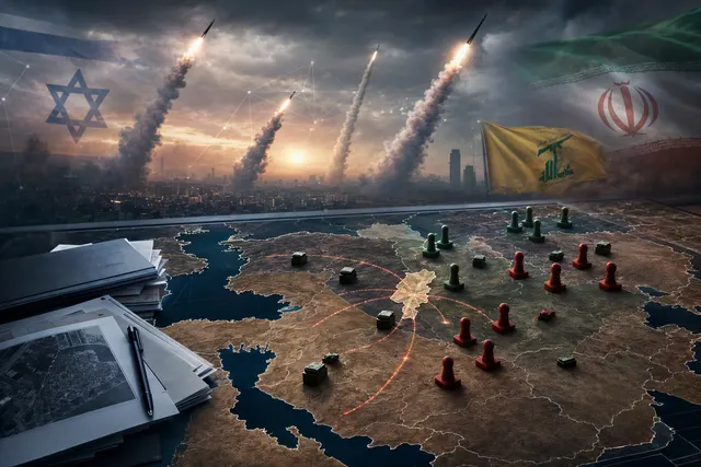 Editorial illustration representing regional military tensions involving Iran and Israel