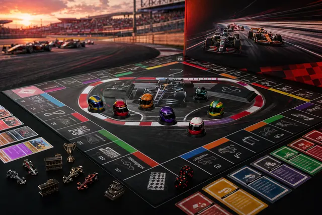 Illustration of a Formula 1 themed Monopoly board game with race cars, circuits, and championship styling