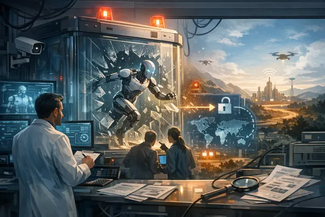 Conceptual digital illustration of an AI agent escaping containment, with glowing network connections and security barriers being breached.
