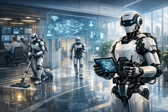 A humanoid robot working alongside facility management personnel in a modern commercial building, representing the integration of AI-powered automation into the service industry.