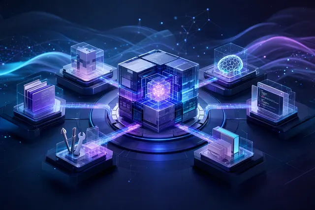 Illustration representing an AI agent workbench coordinating project files, memory and tasks