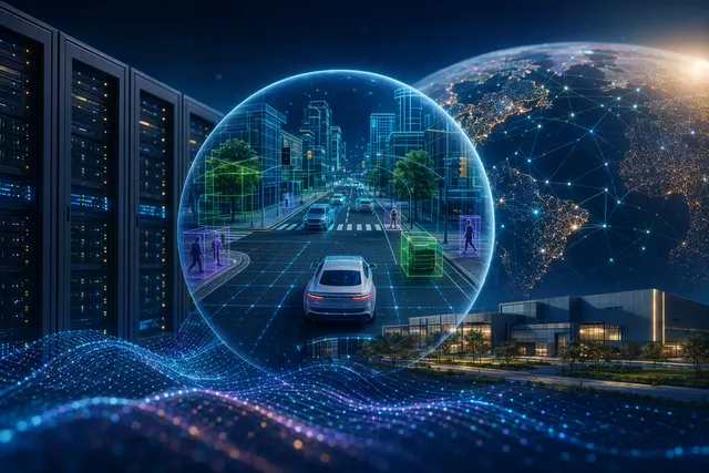 Editorial illustration representing Decart’s real‑time AI world models and infrastructure stack