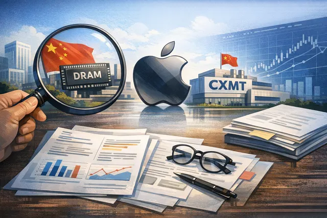 A conceptual image showing a glowing Apple logo on a circuit board with memory chips and data streams, representing the company's pursuit of Chinese DRAM and the AI-driven memory s