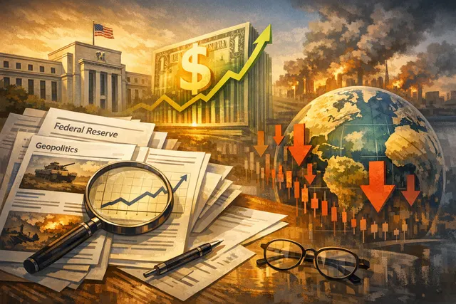 A digital illustration of a stock market chart in sharp decline set against a backdrop of a rising US dollar and a globe representing emerging markets, with faint geometric pattern