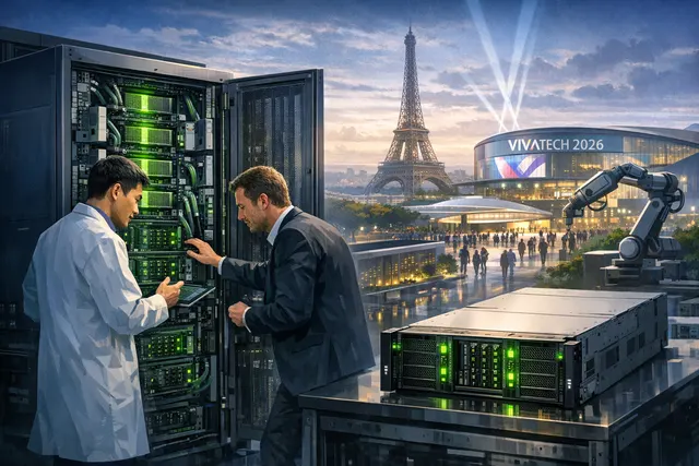 Foxconn exhibition booth showcasing the NVIDIA Vera Rubin NVL72 AI supercomputer platform at VivaTech 2026 in Paris.