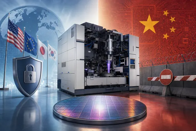 AI-generated illustration of semiconductor lithography equipment and a silicon wafer