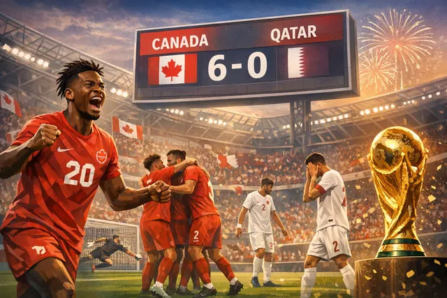 Canada's Jonathan David celebrates his hat trick goal during the 6-0 World Cup victory over Qatar at BC Place in Vancouver on June 18, 2026.
