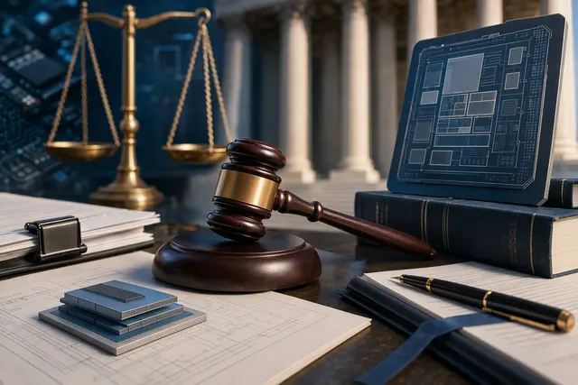 Editorial illustration representing the Qualcomm–Arm licensing dispute and Delaware jury verdict