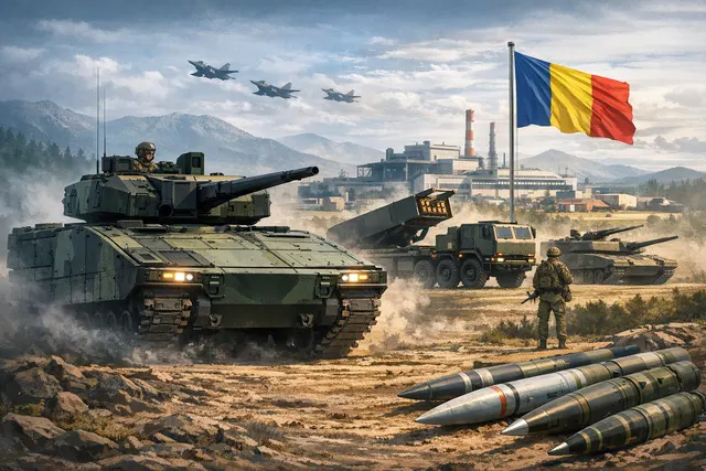 Rheinmetall Lynx armored vehicle on display at a defense exhibition with a Romanian flag backdrop