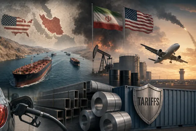 Illustration of oil tankers near the Strait of Hormuz with airplanes and rising fuel prices representing the 2026 energy and travel cost shock