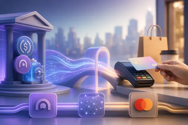 Illustration showing a MetaMask wallet connected to Aave DeFi deposits and a Mastercard payment terminal enabling spending of yield-bearing crypto