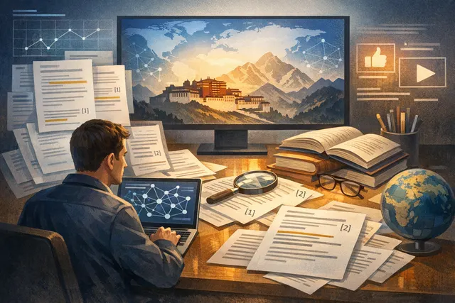 A digital illustration showing a globe surrounded by network nodes and data streams, representing the global flow of information about Tibet through digital platforms.