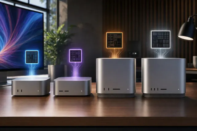 AI-generated editorial illustration accompanying a comparison of the 2026 Mac mini and Mac Studio