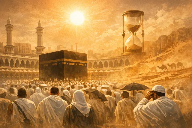Pilgrims walking in Mecca under extreme heat with a shrinking safe-weather window visual metaphor showing rising temperature gradients.