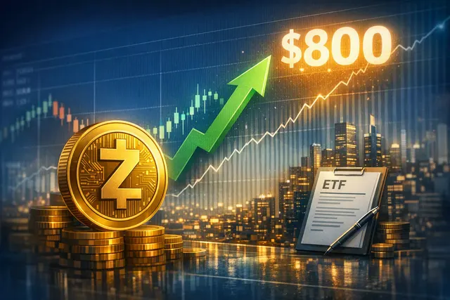 Illustration of Zcash rising above $800 during a crypto market rally, with ETF and short-squeeze themes