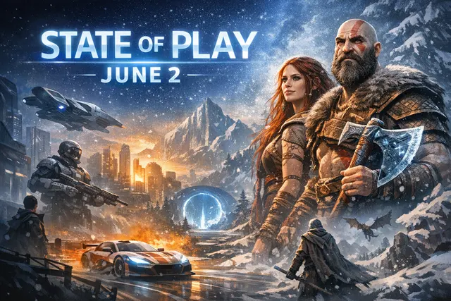 A dramatic collage of the key announcements from Sony's June 2026 State of Play, featuring Faye from God of War Laufey in the foreground, with Wolverine and iconic PlayStation imag