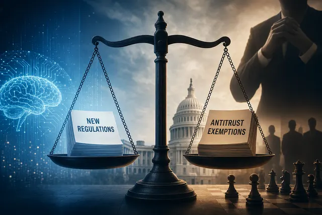 Editorial illustration representing the debate over AI safety coordination, regulation and antitrust enforcement
