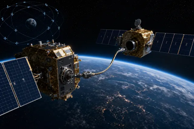 Illustration of two spacecraft meeting in orbit to transfer propellant