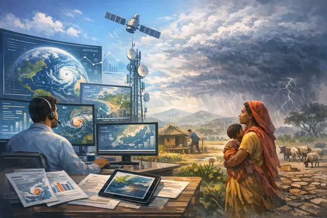 AI-generated visualization of a weather satellite over a drought-stricken agricultural landscape