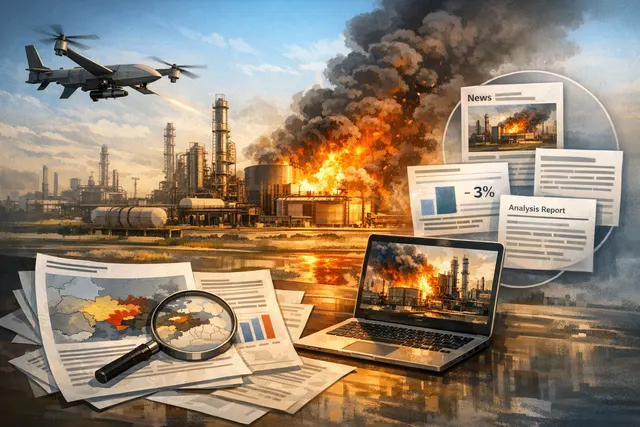 Fire and smoke rising from a large industrial oil refinery at night after a drone strike, illustrating Ukraine's drone campaign against Russian oil infrastructure.