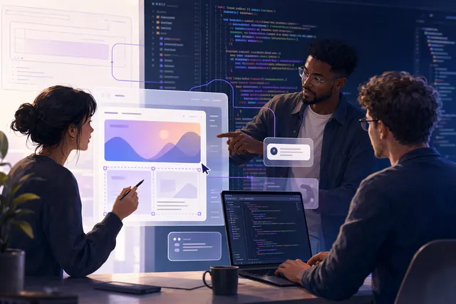 AI illustration of designers and product managers collaborating with production code in a software interface