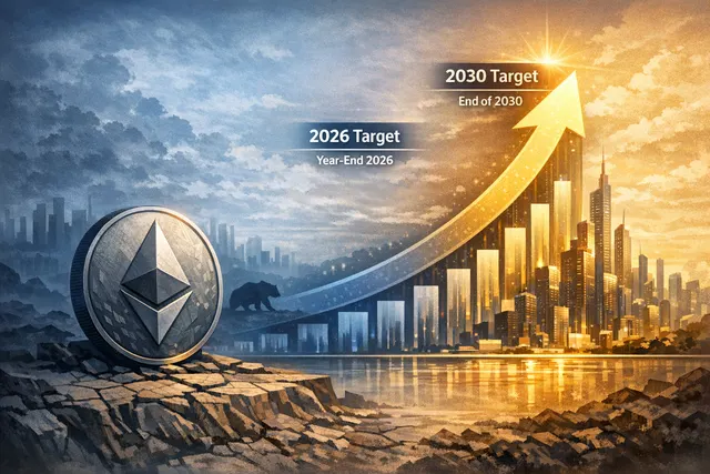 A glowing Ethereum crystal floating above a digital chart showing a sharp price drop and a question mark, against a dark financial district backdrop.