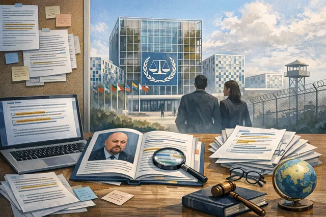 The International Criminal Court (ICC) building in The Hague, Netherlands, with a gavel and legal documents in the foreground, representing the disciplinary proceedings against chi