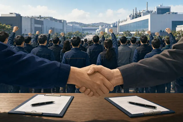 Illustration representing Samsung labor dispute and semiconductor industry negotiations