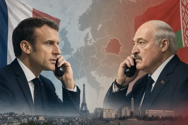 Illustration of Emmanuel Macron and Alexander Lukashenko representing the renewed phone call between France and Belarus
