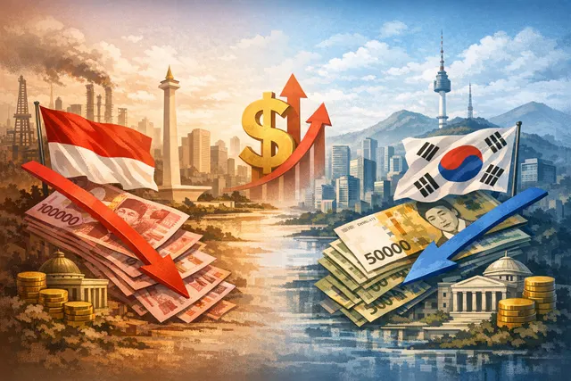 Falling Indonesian rupiah and South Korean won banknotes against a backdrop of global market turmoil and geopolitical conflict