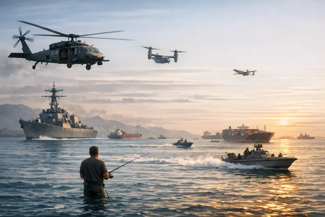 US naval vessels and commercial ships navigating the Strait of Hormuz during military operations in early June 2026