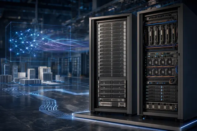 Illustration of a data-center rack representing AMD Helion’s CPU-focused and mixed CPU/GPU configurations for agentic AI.