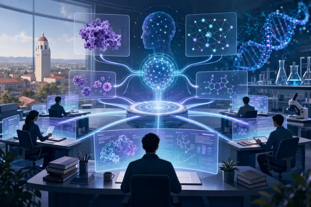 Editorial illustration of an AI-driven virtual biotech research system analyzing drug-development data
