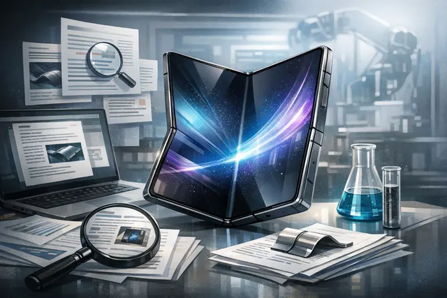 Render of the Samsung Galaxy Z Fold 8 with Flex Titanium display technology, showing a nearly invisible inner screen crease on the large foldable display