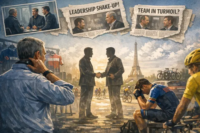 Cycling team managers in animated discussion near team buses at a race start, symbolizing leadership tensions in professional cycling