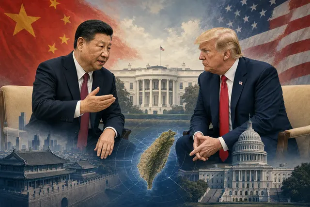 AI-generated editorial illustration accompanying coverage of Xi Jinping, Donald Trump and Taiwan policy