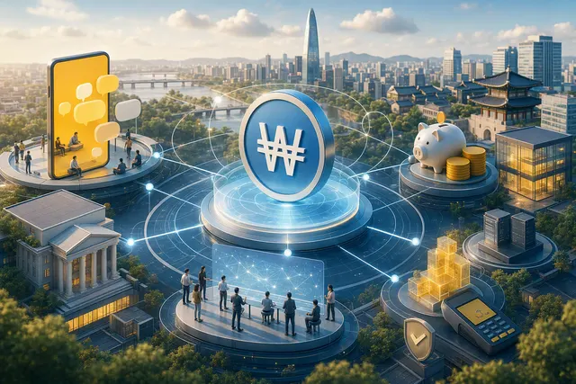 AI-generated editorial illustration for Kakao Group’s proposed won stablecoin ecosystem