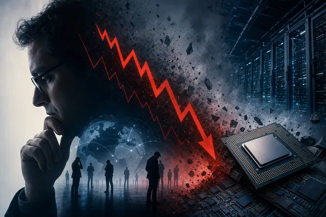 Editorial illustration of AI, semiconductor markets and technology-stock volatility