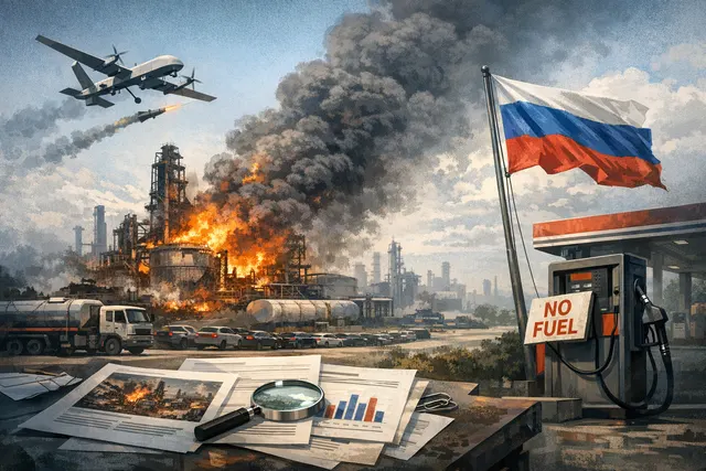 Smoke rising from an industrial oil refinery facility, representing the damage from Ukrainian drone strikes on Russian energy infrastructure in 2026.