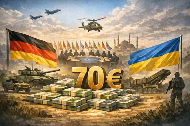AI-generated editorial illustration of Germany's NATO military aid proposal for Ukraine, with financial charts, flags, and weapon silhouettes against a strategic map.