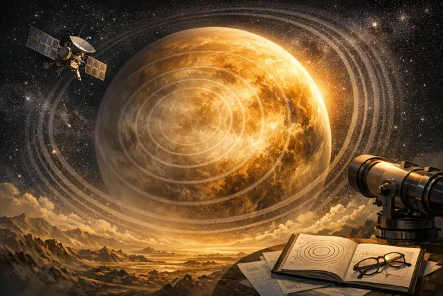 AI-generated illustration of Venus with concentric atmospheric rings visible in polarized light