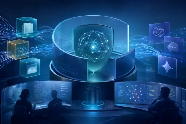 Concept illustration of enterprise AI governance with Microsoft Purview monitoring AI tools and data flows