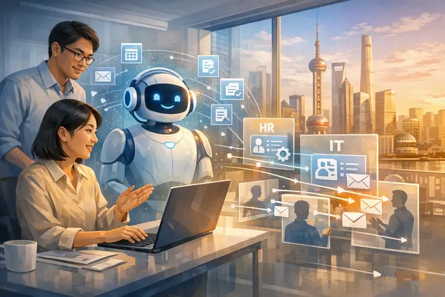 Illustration of an AI office agent coordinating workflows across Shanghai Jahwa departments