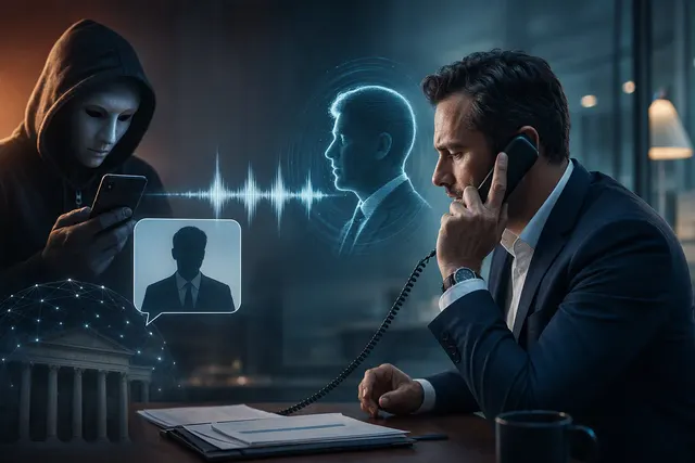 Editorial illustration for a reported bank fraud involving a fake WhatsApp message and an AI-cloned voice