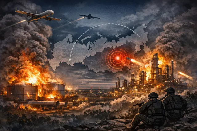 Illustration of Ukrainian drone strikes hitting industrial facilities deep inside Russia, with smoke rising from targeted plants and a map showing distances from the border.