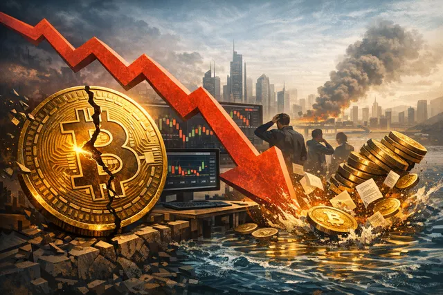 Abstract visualization of Bitcoin falling through a shattered 'never sell' glass floor, with liquidation red candles in the background and capital flowing toward a SpaceX rocket la