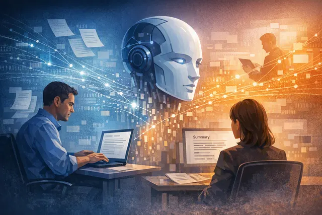 Abstract editorial illustration of AI-generated workplace documents flowing through automated summaries