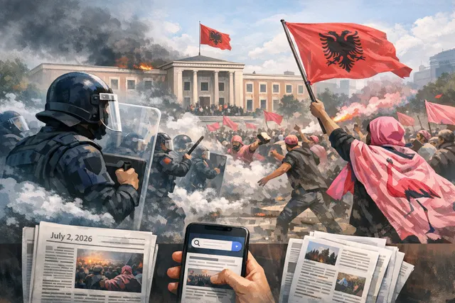 Protesters holding pink flamingo cutouts and signs during a 'Flamingo Revolution' demonstration in Tirana, Albania.